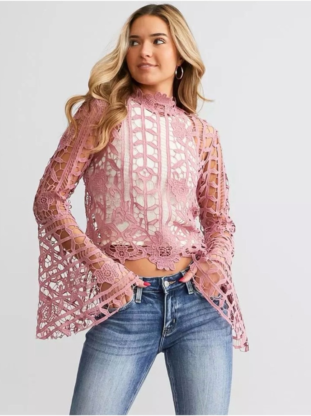 Scalloped High-Neck Crochet Bell-Sleeve Top - Pink